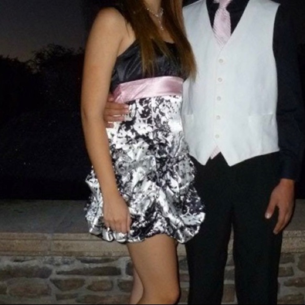 Pink, white, and black floral formal dress